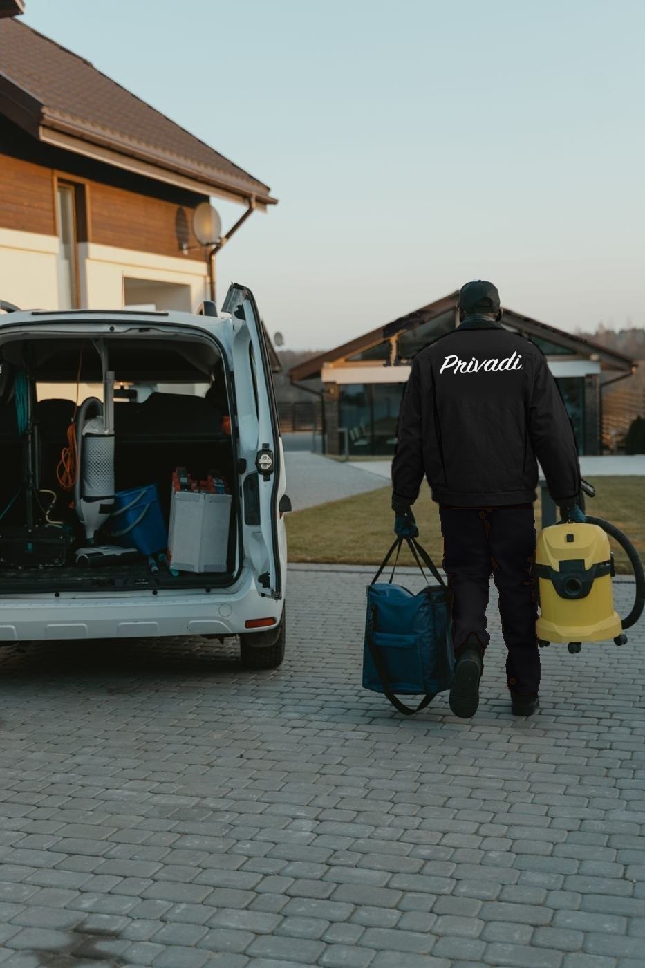 Arbeiter in Arbeitskleidung auf dem Weg zum Transporter
